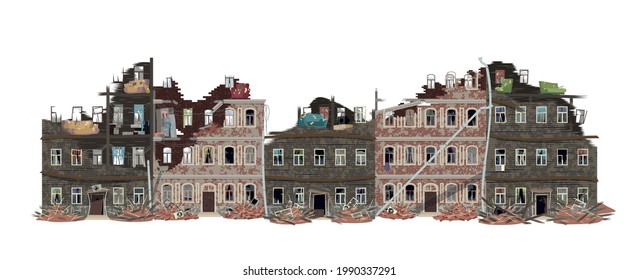 Residential apartment building. Destroyed, destroyed, collapsed. Vector illustration, flat design style.