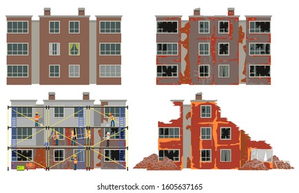 Residential apartment building at different stages of wear. Vector illustration. Isolated on a white background.