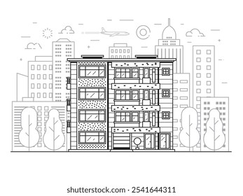 Residential apartment building front view on urban background. Multistory house on town landscape illustration. Bauhaus architecture urban home in modern city downtown scene.