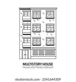 Residential apartment building in line art style. Multistory house illustration isolated on white. Bauhaus architecture modern urban home.