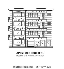 Residential apartment building in line art style. Multistory house illustration isolated on white. Bauhaus architecture modern urban home.