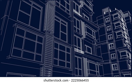 Residential apartment building façade perspective 3D Line sketch illustration eps10 blueprint