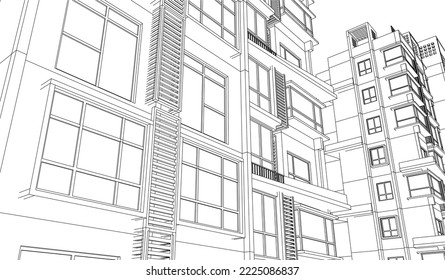 Residential apartment building façade perspective 3D Line sketch illustration eps10