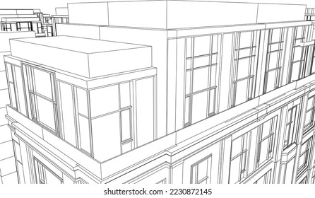 Residential Apartment building perspective façade 3D drawing illustration vector