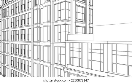 Residential Apartment building perspective façade 3D drawing illustration vector