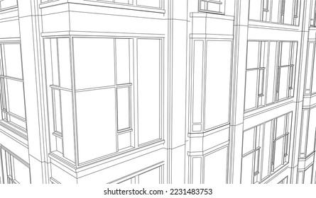 Residential Apartment building perspective façade 3D drawing illustration vector