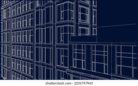 Residential Apartment building perspective façade 3D drawing illustration vector blueprint