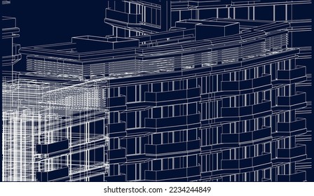 Residential Apartment building perspective 3D line wireframe illustration vector eps10 blueprint