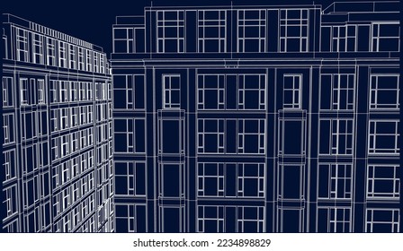 Residential façade Apartment building perspective 3D line illustration vector blueprint