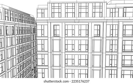 Residential façade Apartment building perspective 3D line illustration vector