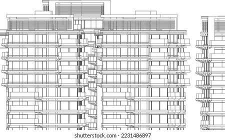 Edificios residenciales de apartamentos fachada boceto 2D ilustración eps10