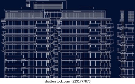 Residential Apartment buildings façade 2D sketch illustration vector eps10 blueprint