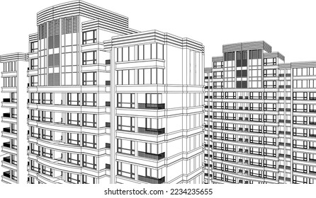 Ilustración de dibujos 3D de la perspectiva de edificios residenciales de apartamentos