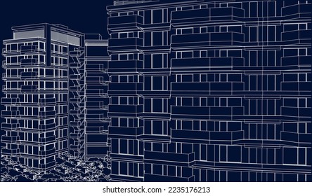 Residential Apartment buildings perspective 3D line illustration vector blueprint