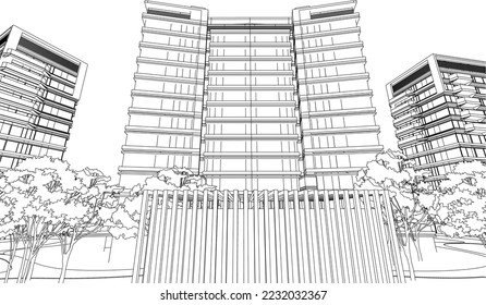 Residential Apartments perspective 3D line sketch illustration vector eps10