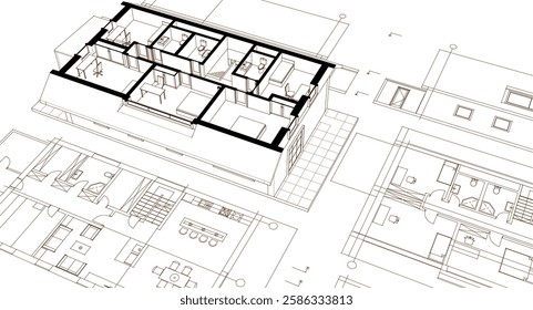 residential architecture house plan 3d illustration