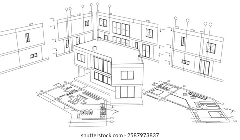 residential architecture house plan 3d illustration	