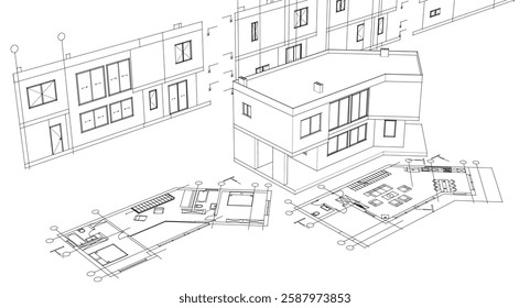 residential architecture house plan 3d illustration	