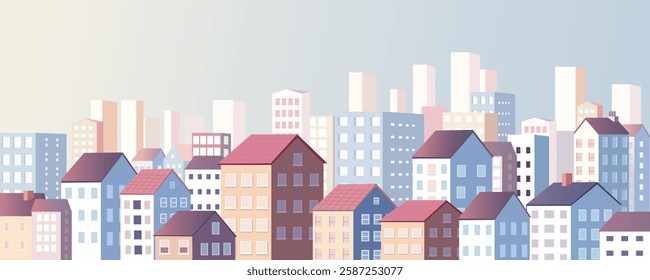 Residential area of ​​a big city against the backdrop of skyscrapers. Modern cityscape of multi-storey residential buildings with red roofs. Apartment buildings. Multi-apartment area of ​​the city.