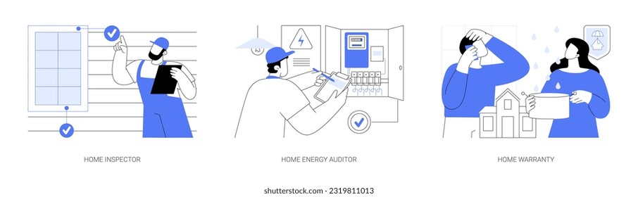 Residential area building inspection abstract concept vector illustration set. Home inspector, energy auditor, home warranty coverage, private house monitoring service worker abstract metaphor.