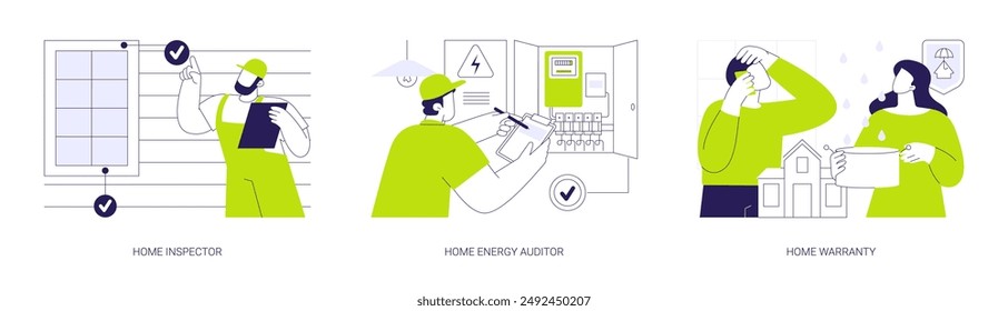 Abstraktes Konzept der Vektorillustration-Set für die Gebäudeinspektion. Home Inspector, Energie-Auditor, Home Garantie Abdeckung, Private House Monitoring Service Mitarbeiter abstrakte Metapher.