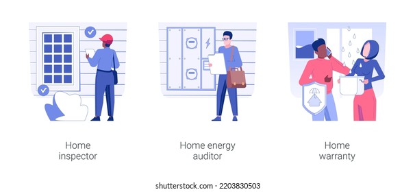 Residential Area Building Inspection Isolated Concept Vector Illustration Set. Home Inspector, Energy Auditor, Home Warranty Coverage, Private House Monitoring Service Worker Vector Cartoon.
