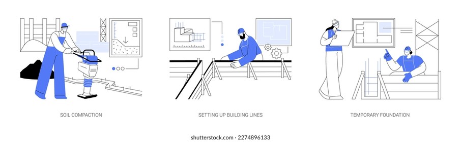 Conjunto de ilustraciones vectoriales abstractas del proceso de construcción de áreas residenciales. Compactación del suelo, instalación de líneas de construcción, cimientos temporales, construcción de viviendas, trabajos de excavación metáfora abstracta.