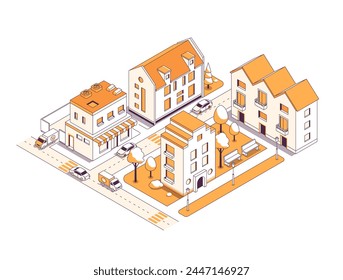 Zona residencial de la ciudad - Vector ilustración isométrica. Una calle acogedora en un pueblo Pequeño con casas, tiendas y tráfico concurrido. Vista superior, estructura y arquitectura. Inmobiliaria y edificio moderno