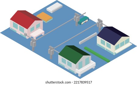 Residential Area Flooded By Isometric Flood