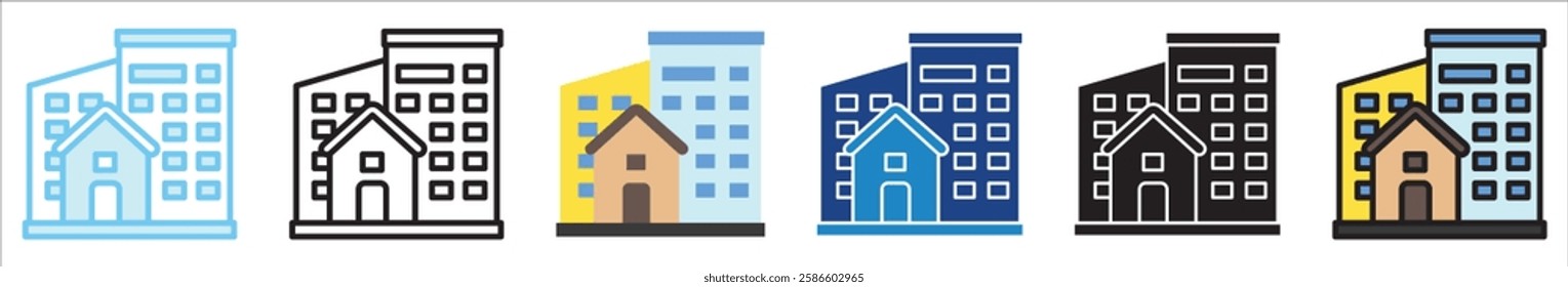 Residential Area multi style, mini illustration icon. outline, flat, glyph, line color, UI, UX, app and web, digital or print. For education, construction, transportation, environment, urban planning.