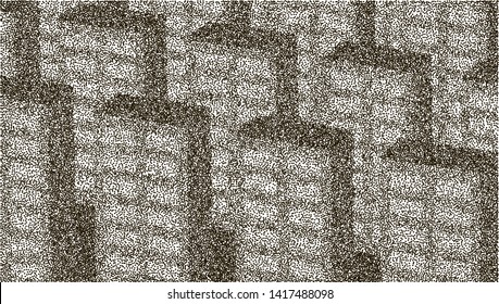 Residential area stipple points effect. Home, building, exterior. Family modern house. Icon for web design. Graphic abstract pattern. Residential real estate drawing. Exterior element.