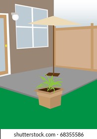 Residential backyard enclosed courtyard umbrella and plant editable vector illustration