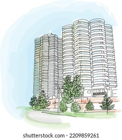 residential blocks of the millennium housing estate in Katowice, Poland. Vector, watercolor illustration for social media. travel magazine, calendar