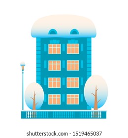 Residential blue building with two trees and a street lamp. Everything is in the snow. Concept on a winter theme. Vector isolated flat illustration.