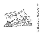 The residential building began to collapse and fall. Structures fly in different directions.  Vector illustration. The crack on the building was formed due to the tremors