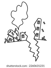 The residential building began to collapse and fall. Structures fly in different directions. A column of dust rose. Vector illustration. The crack on the building was formed due to the tremors 