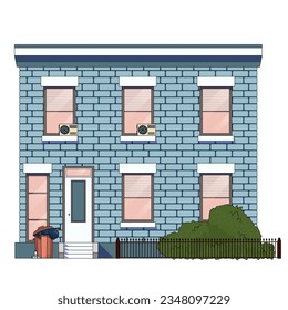 residential building, blue tone brick, fence and bushes, vector illustration