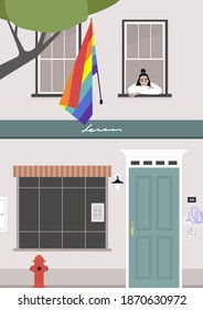 A residential building facade with a rainbow flag on it, big city life, an LGBTQ friendly neighborhood