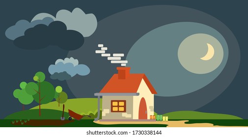 residential building with a garden on the background of the evening landscape. rest after work