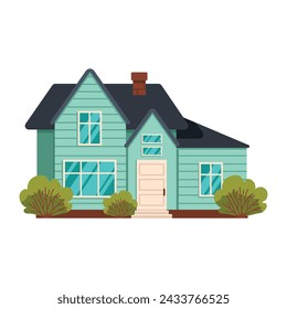 Residential building with green bushes. Summer or spring season. Vector graphic.