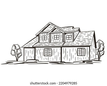 Residential building hand engraving isolated object. Country cottage black sketch on white background. Home with trees exterior. Modern house