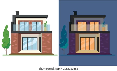 Residential Building, House. Collection Of 6 Houses. Day Atmosphere And Night.