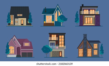 Residential building, house. Collection of 6 houses. Atmosphere of the night.