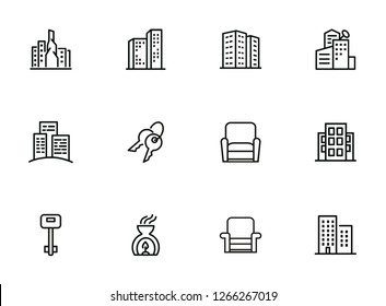 Residential building icons. Set of line icons. Key, residential district, cityscape. Housing development. Vector illustration can be used for topics like mortgage, rent, construction