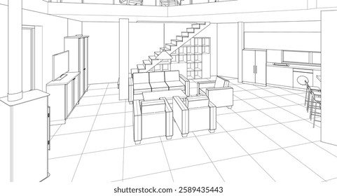 residential building interior 3d illustration