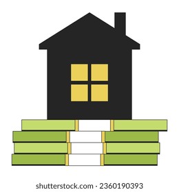 Residential building on cash flat line color isolated vector object. Money for house. Mortgage. Editable clip art image on white background. Simple outline cartoon spot illustration for web design