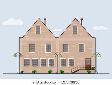 Residential building on the street. Three-storey private house. Flat design. Design of a private house. An example of a house facade for several owners.