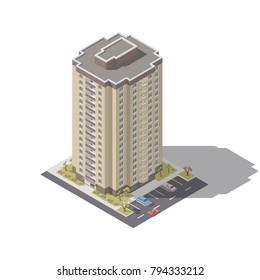 Residential building with parking isometric lowpoly icon set vector graphic illustration