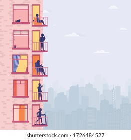 Residential building with people on open window terraces. Neighbors talk on phone, play sports, relax, drink coffee. Surroundings of apartments with city views