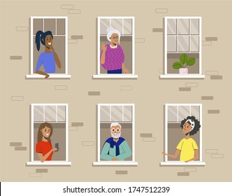 Residential building with people in open window spaces. The neighbors are talking, looking out of the window. Vector illustration for apartment block, community, friendship house concept.